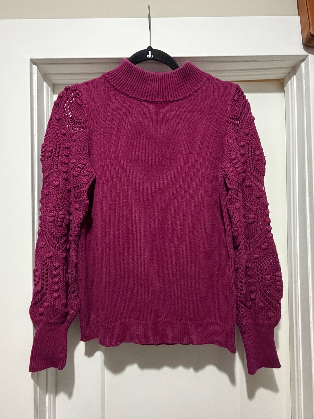 Grace & Lace Magenta Knit Turtleneck Sweater with Textured Bobble Sleeves